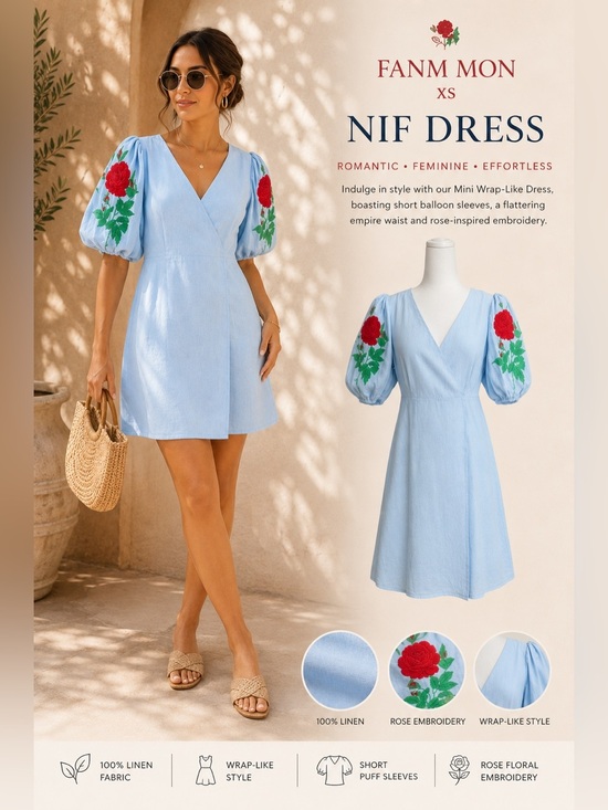 Fanm Mon Dresses & Skirts - Fanm Mon Nif Linen Mini Dress XS Blue Floral Embroidered Resort Euro Summer